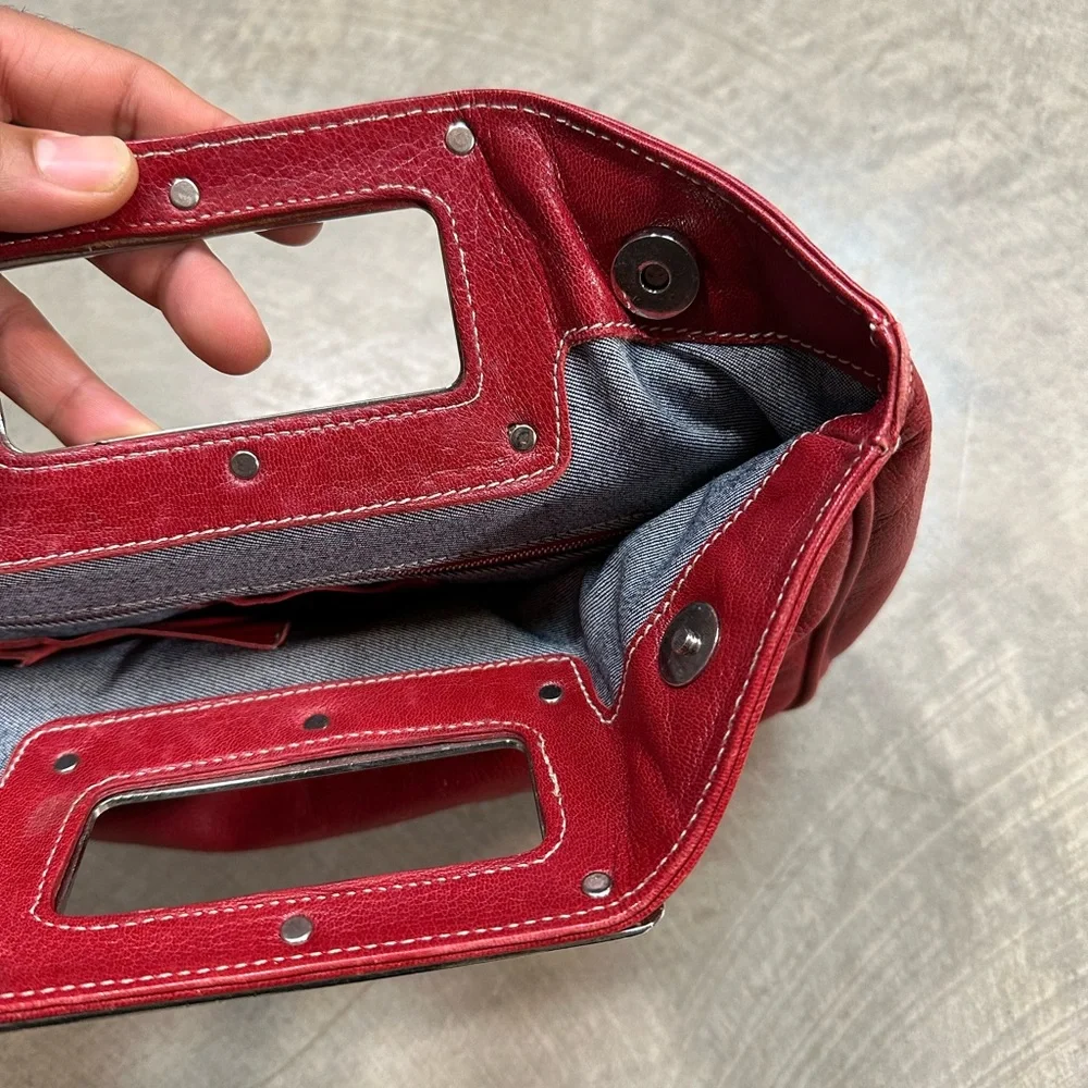 Christopher Kon Canadian Designer Red Leather Clutch with Heavy Metal Handle - Picture 9 of 13